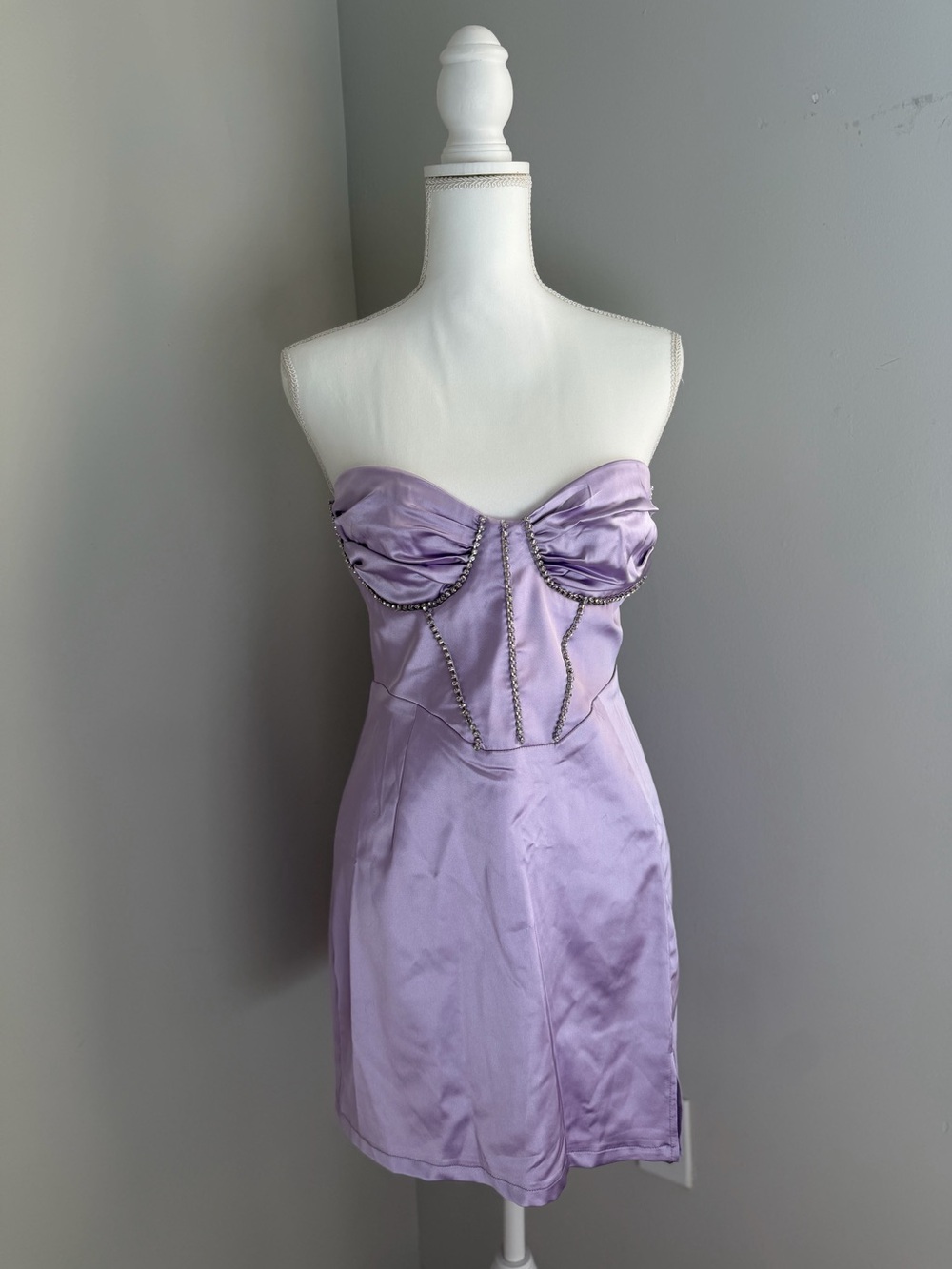 Hello Molly Strapless Lilac Satin Mini Dress with Beaded Trim